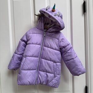 NWOT Carter's 3T Girls Purple Unicorn Snow Suit Puffer Jacket for Kids wit Horn